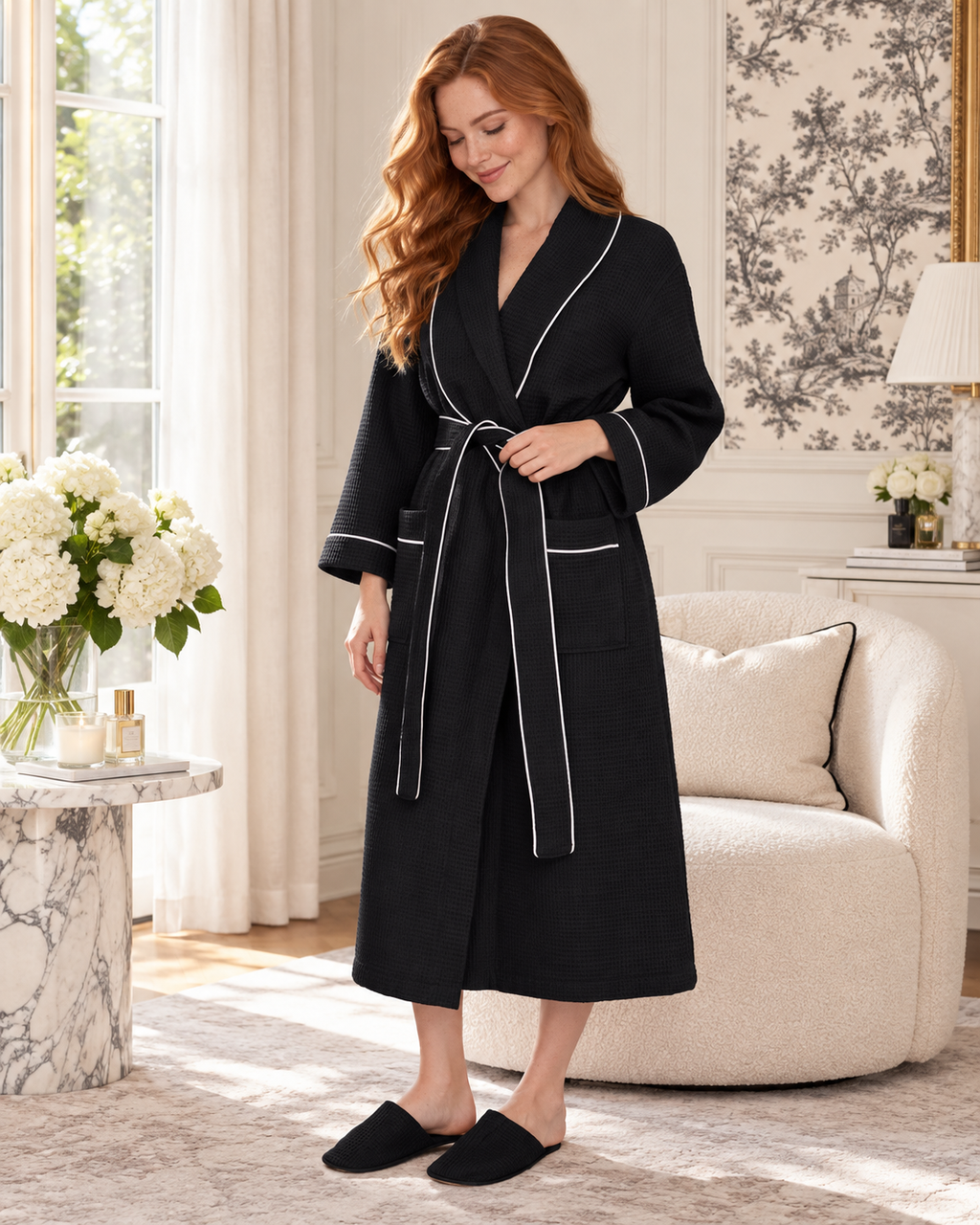 Women's Waffle Piping Bathrobe – Lightweight Spa-Style Comfort