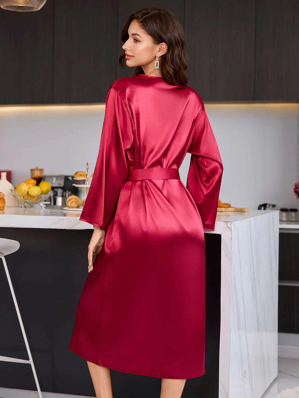 Women's Elegant Long Sleeve Robe – Luxury Satin Sleepwear for Home
