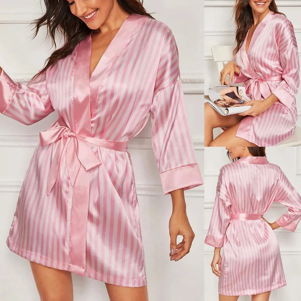 Satin Stripe Kimono Robe for Women