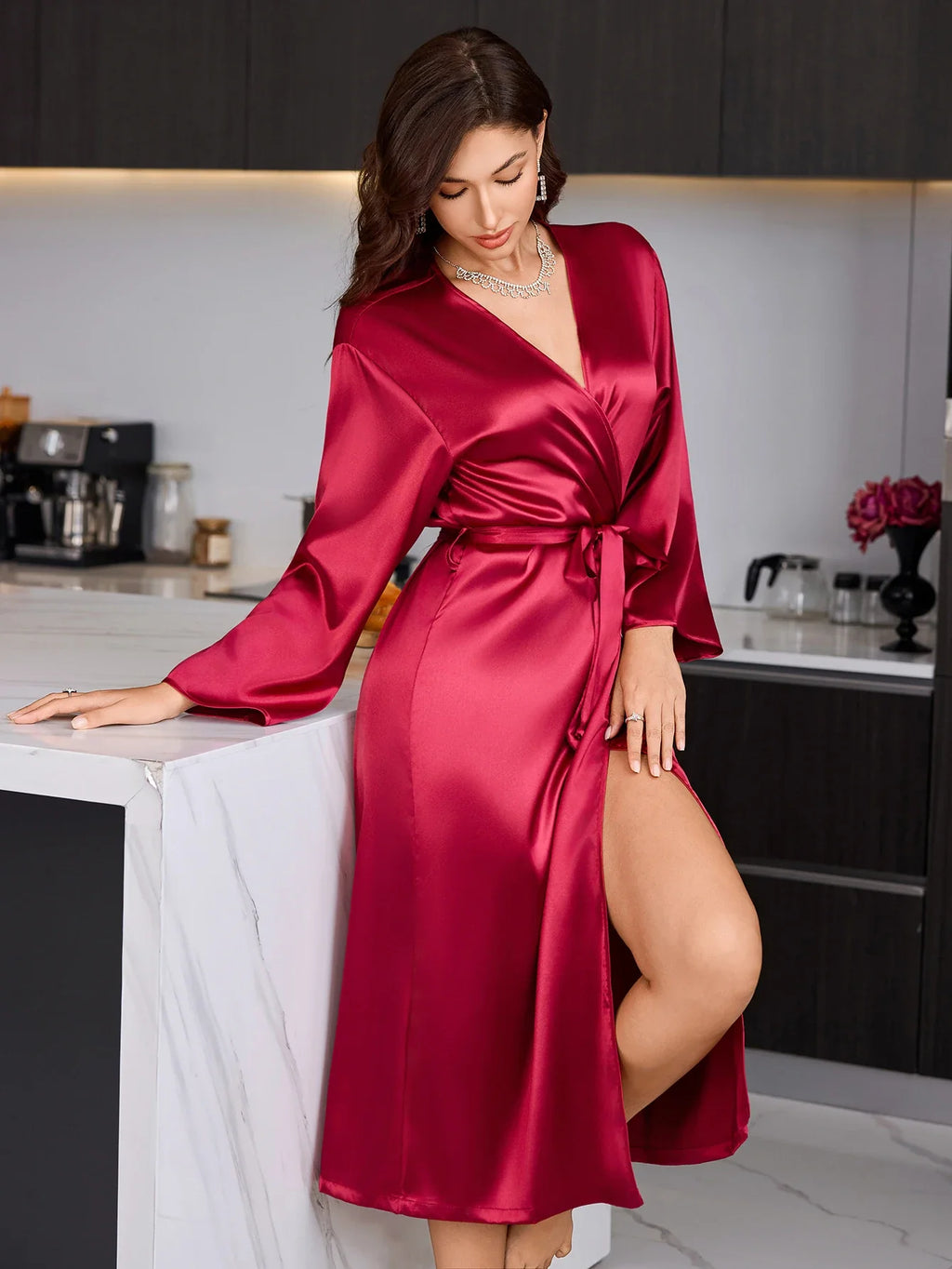 Women's Elegant Long Sleeve Robe – Luxury Satin Sleepwear for Home
