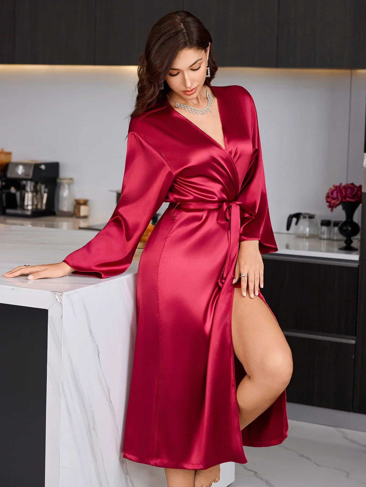 Women's Elegant Long Sleeve Robe – Luxury Satin Sleepwear for Home