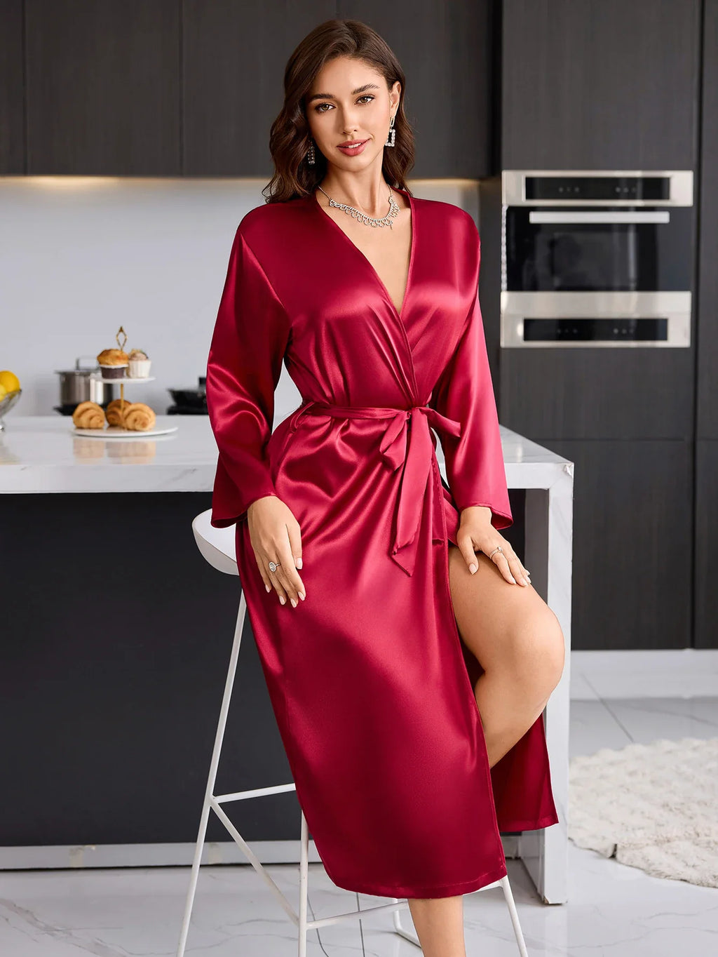 Women's Elegant Long Sleeve Robe – Luxury Satin Sleepwear for Home