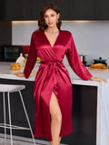 Women's Elegant Long Sleeve Robe – Luxury Satin Sleepwear for Home