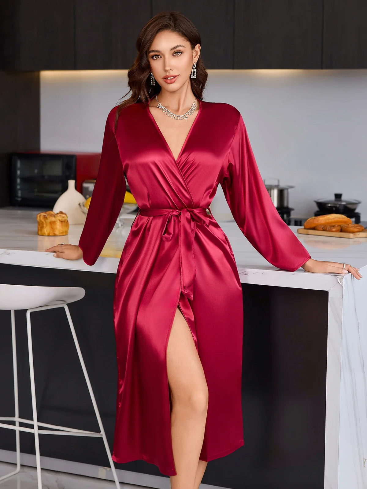 Women's Elegant Long Sleeve Robe – Luxury Satin Sleepwear for Home