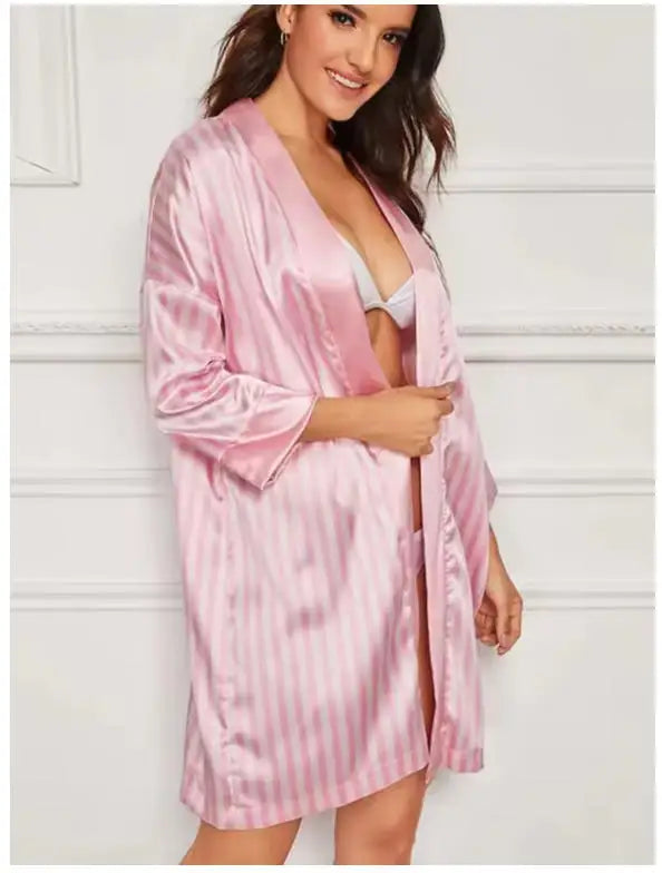 Satin Stripe Kimono Robe for Women